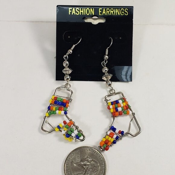 Handmade Colorful Beaded Silver tone Wire Drop Earrings Boho Festival Jewelry - Picture 7 of 7